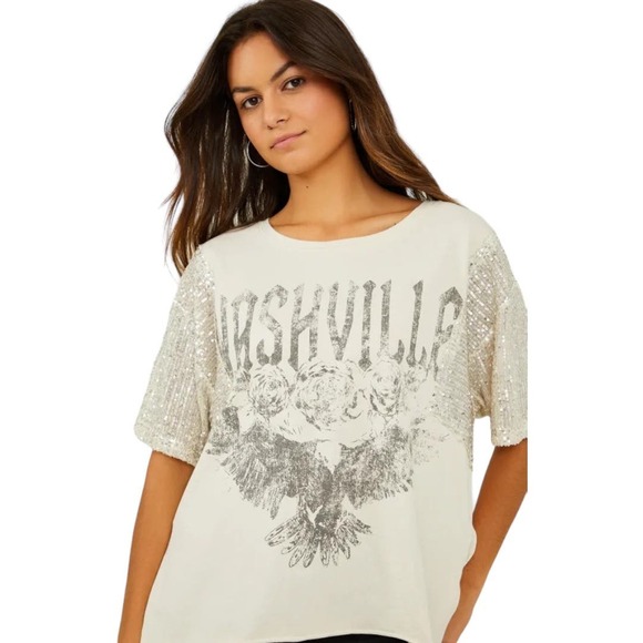 Altar'd State Tops - Altar'd State Nashville Sequin Embellished Graphic Tee Medium Cream Western Boho